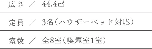 広さ／44.4㎡ 定員／3名（ハウザーベッド対応） 室数／全8室（喫煙室1室）