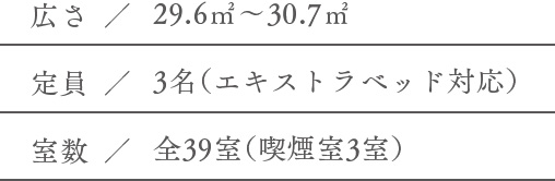 広さ／29.6㎡〜30.7㎡ 定員／3名（エキストラベッド対応） 室数／全39室（喫煙室3室）