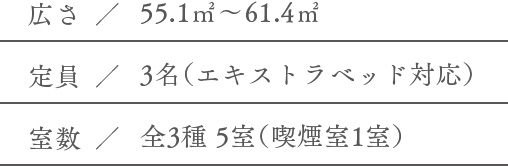 広さ／55.1㎡〜61.4㎡ 定員／3名（エキストラベッド対応） 室数／全3種 5室（喫煙室1室）